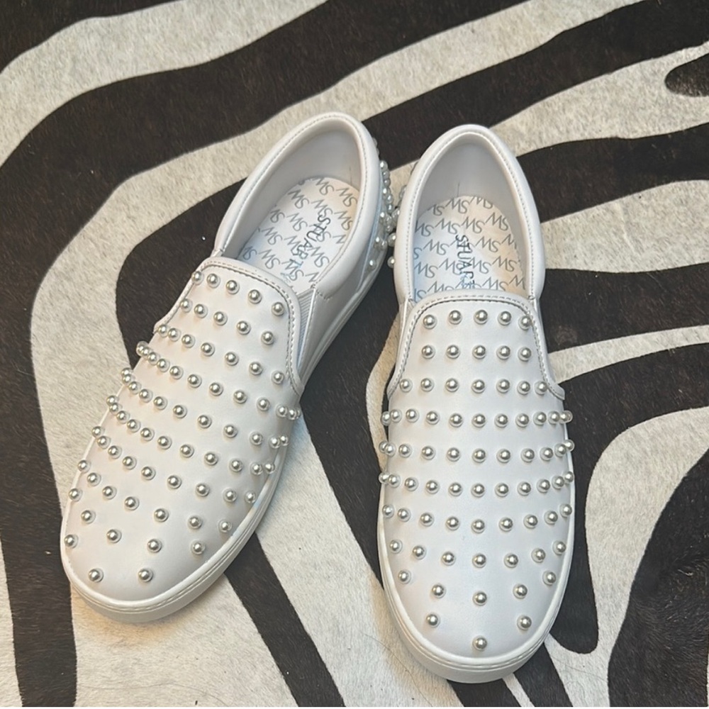 Stuart Weitzman White Slip-On Sneakers with Pearls